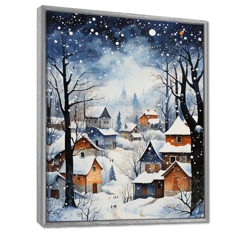 Harmony of Winter Village IV - Décoration murale paysage d'hiver, H 40 po x l 30 po x P 1,5 po, Encadrement argenté