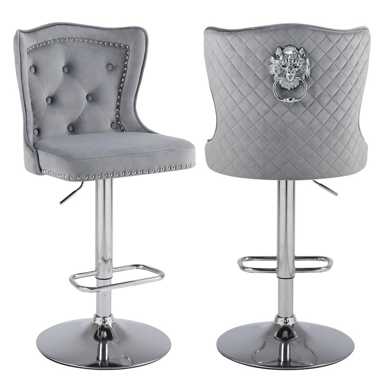 Swivel Velvet Counter Height Bar Stools With Lion Head Pull Ring For Kitchen Island, Grey