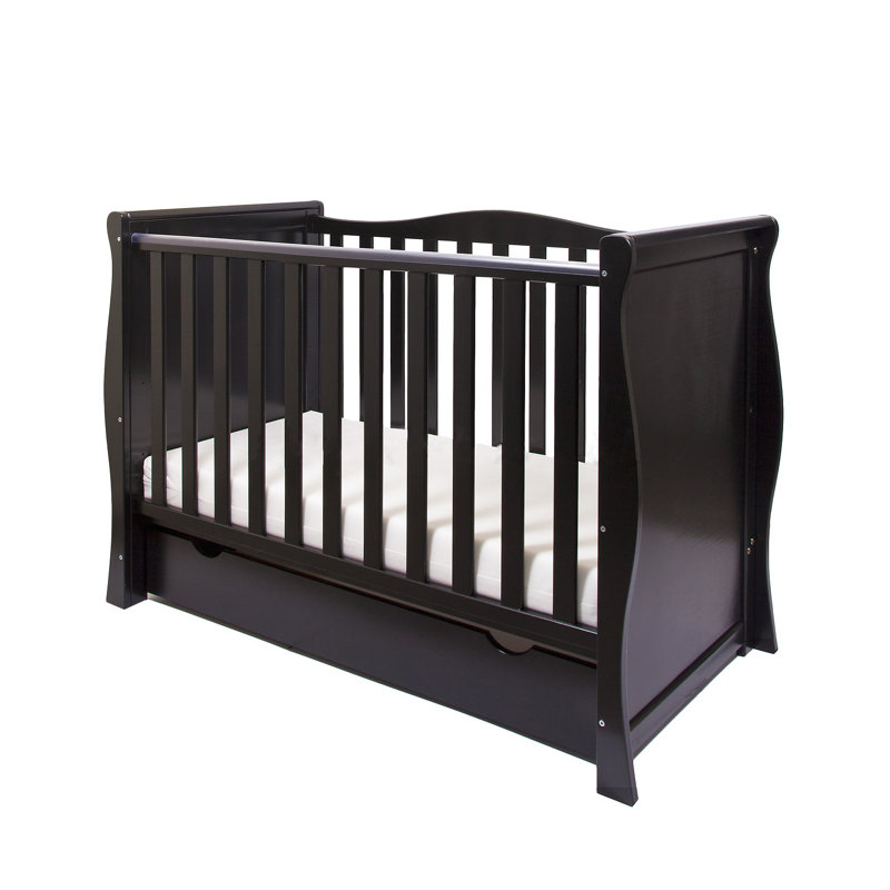 Willow Sleigh Mini Cot Bed Black With Drawer And Bamboo Mattress 