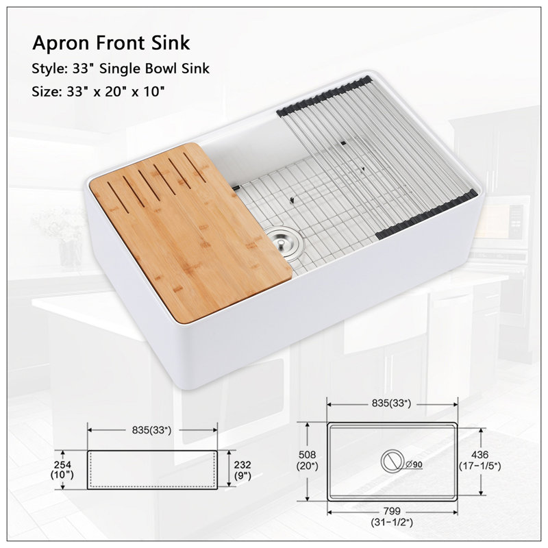 Évier de cuisine de ferme en argile réfractaire L 33 po x l 20 po avec accessoires Fireclay