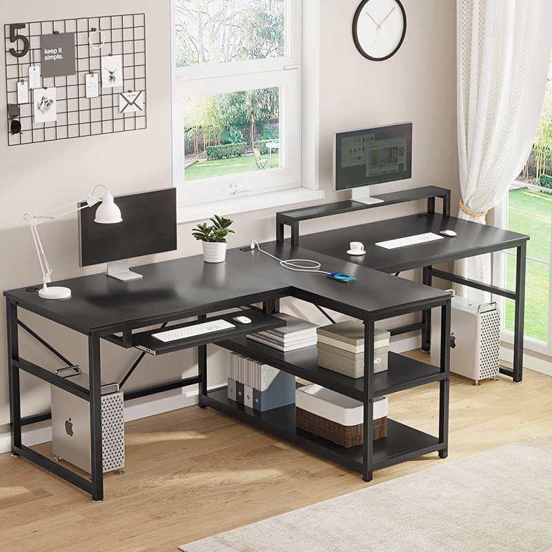 Kolya Modular Iron Computer Desk with Built-In Electrical Outlet, Black