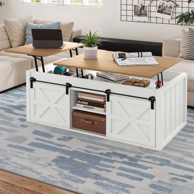 Table basse 48 po à 2 hauteurs avec rangement dissimulé et portes de grange coulissantes