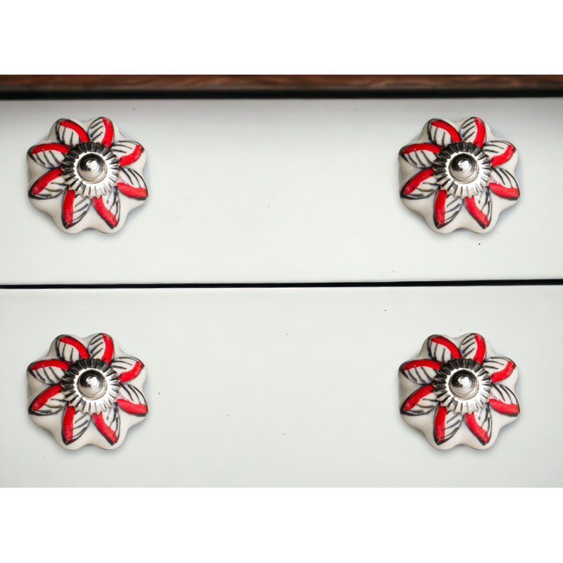Set of Twelve Red And White Floral Ceramic Drawer Pull Knobs