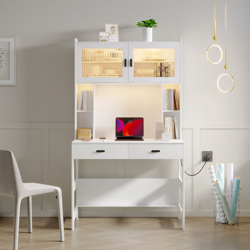 Berwaldt 40" W Rectangle Computer Desk with Hutch and Cabinet, White