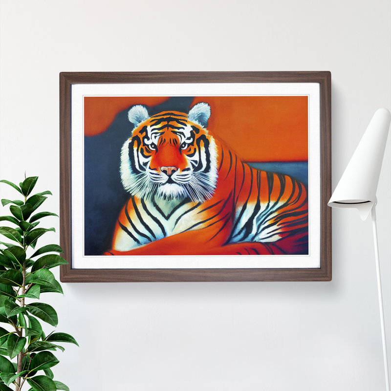 Striking Tiger - Single Picture Frame Print, 34cm H x 46cm W x 2cm D, Walnut