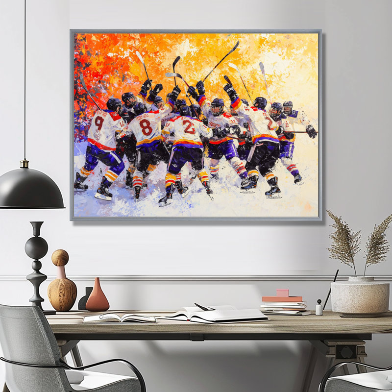 «Hockey Team Celebrates Win - Sport Hockey», reproduction d'art murale, Argent argent, H 34 po x l 44 po
