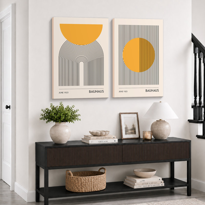 «Mid Century Modern Boho Bauhaus Solar Sun», reproduction d'art encadrée sur toile, 2 pièces, H 36 po x l 48 po, Toile tendue