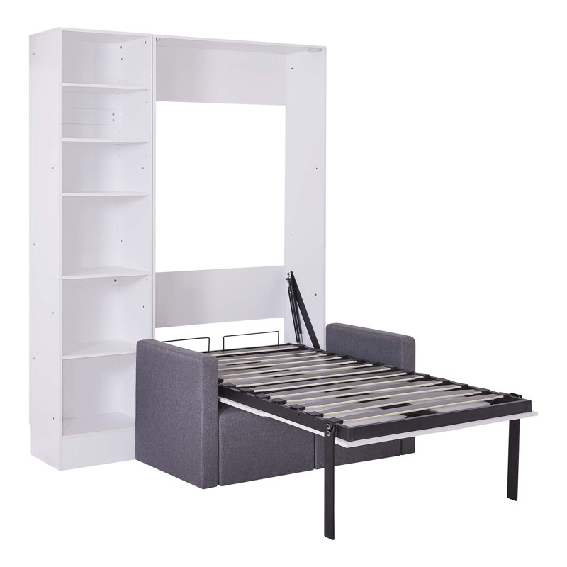 Lit escamotable polyvalent avec canapé et tablettes, parfait pour transformer de petits espaces en espaces multifonctionnels
