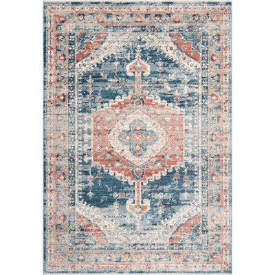 Tapis médaillon Mauna pour le salon, la salle à manger et la cuisine, bleu / ivoire