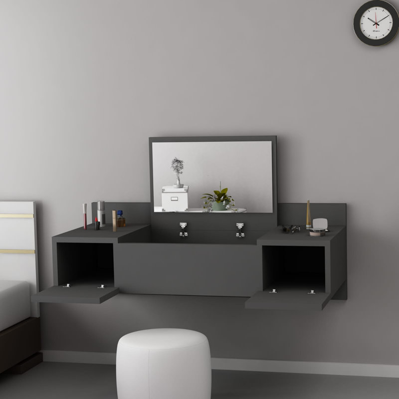 Modern Make-Up Table with Wall-Mountable Mirror, Anthracite, 39.4 x 13.0 x 15.4 inches | 100% Melamine Coated Particle Board, Thickness: 0.7 inches | Stylish and Functional Design for Beauty and Organization