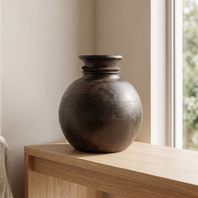 Vintage Style Black Wooden Decorative Vase with Rustic Rope Accent – Farmhouse Home Décor