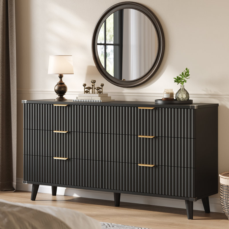 6-Drawer Dresser With Wave-Fluted Panels, Modern Boho Storage Cabinet With Solid Wood Frame And Metal Handles, Versatile Organizer For Bedroom, Living Room, Entryway, Hallway & Closet