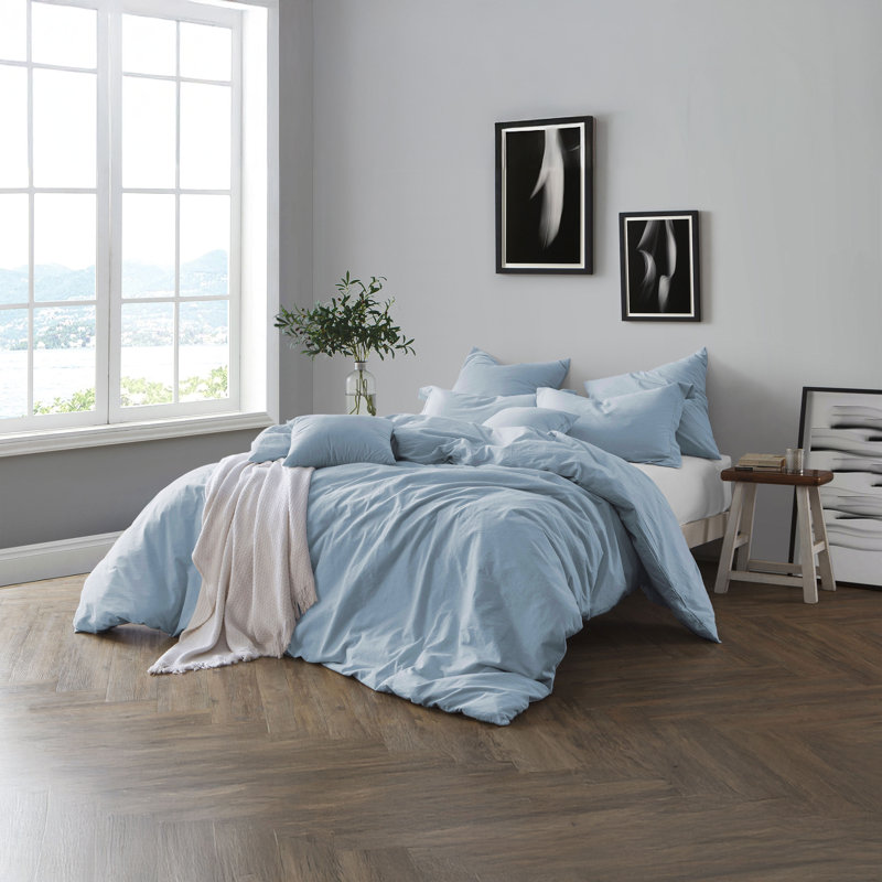 100% Cotton Crinkle Washed Duvet Cover Set, Twin/Twin XL Duvet Cover + 1 Sham, Chambray Blue