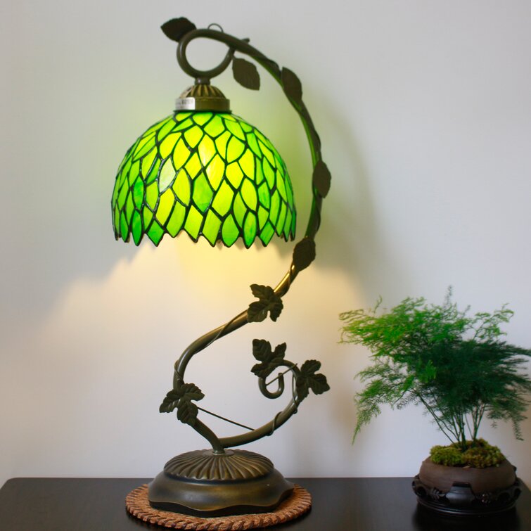 World Menagerie Tiffany Lamp Stained Glass Table Reading Banker Night Light  Green Wisteria Style W8H20 Inch S523 World Menagerie LAMPS Living Room  Bedroom Office Study Coffee Bar Dresser Bookcase Desk Bedside Crafts