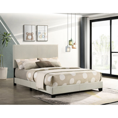 Lit double rembourré crème avec tête de lit rembourrée, mousse et matériau, pieds en bois massif noir pour panneau de chambre à coucher avec cadre en bois d'hévéa