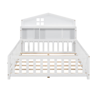 Full-size Floor Beds with Bookcases and Blackboards with Guard rails, Storage Headboards, Grey