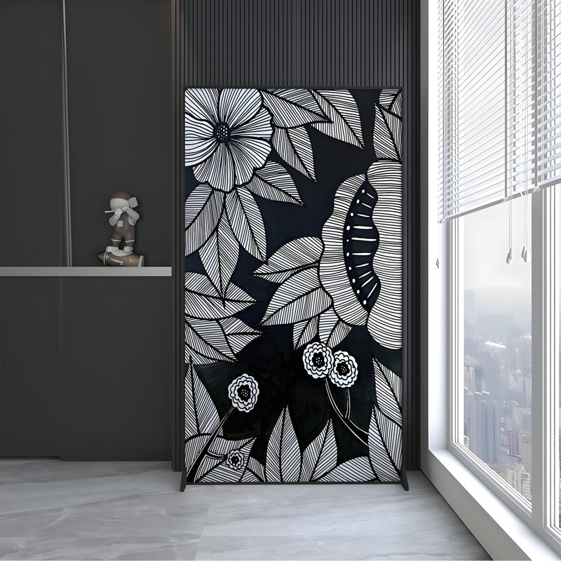 Écran d'art floral noir et blanc, H 70,87 po x l 31,5 po x P 1,57 po