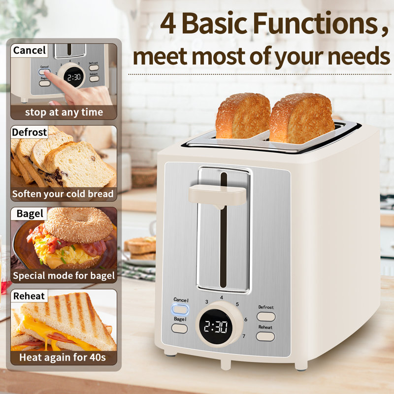 YUKOOL Toaster 2 Slice, Bread Toaster With LCD Display, 7 Shade Settings, 1.４'' Extra Wide Slots Toaster With Cancel, Bagel, Defrost, Reheat Functions, Removable Crumb Tray, 900W,
