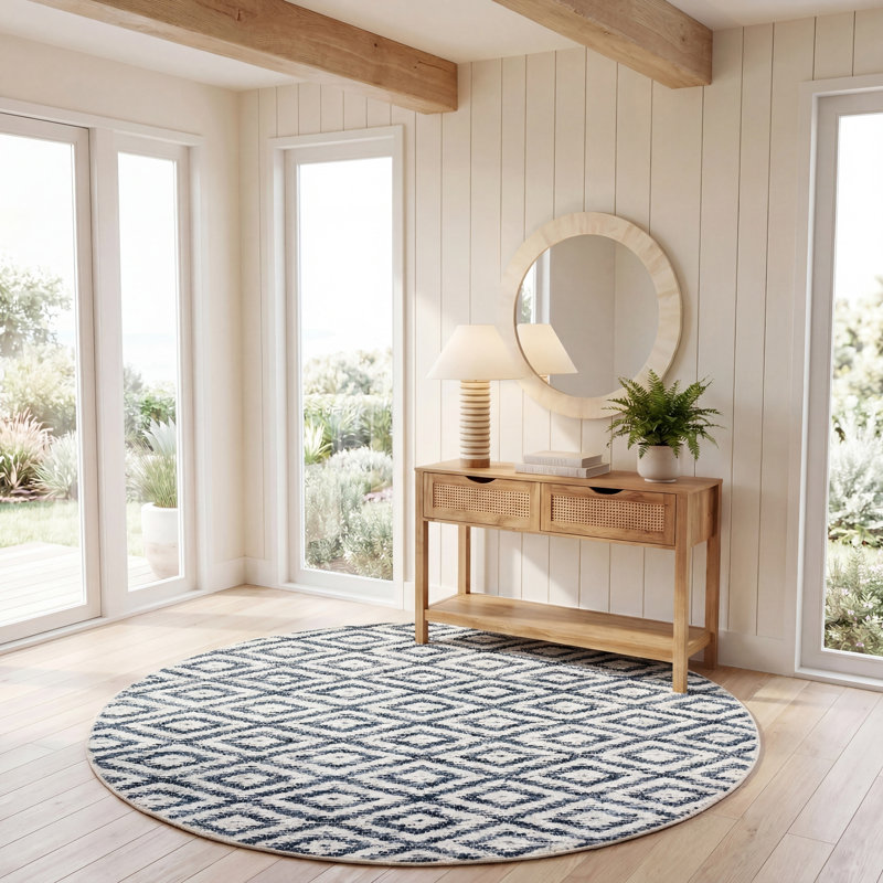 Natura 786 Hand Woven Denim/Salvage/Cotton Geometric Rug in Navy/Ivory, Round 6'