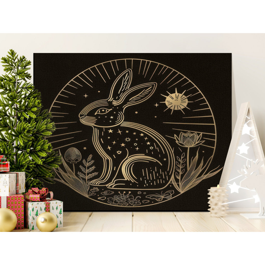 Mystical Golden Rabbit Celestial Canvas Print, Boho Witchy Wall Art Decor for Spiritual Home, Faux Gold Effect Nature Gift