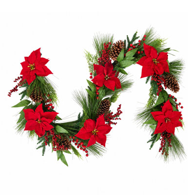 Christmas Pine Garland with Red Poinsettias, Pine Cones & Berries | PVC Needle Greenery for Mantel, Fireplace, Stair Railing, Doorway & Table Centerpiece
