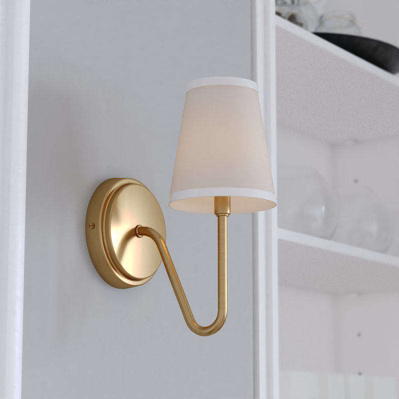 Larice 1 Light Traditional Wall Sconce White Linen Shade, Muted Brass