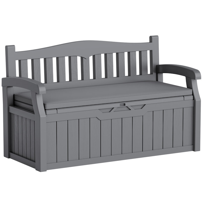 80-Gallon Plastic Storage Bench With Removable Cushion, Backrest & Armrests, Lockable Lid For All-Weather Indoor Outdoor Use On Patio, Garage, Entryway