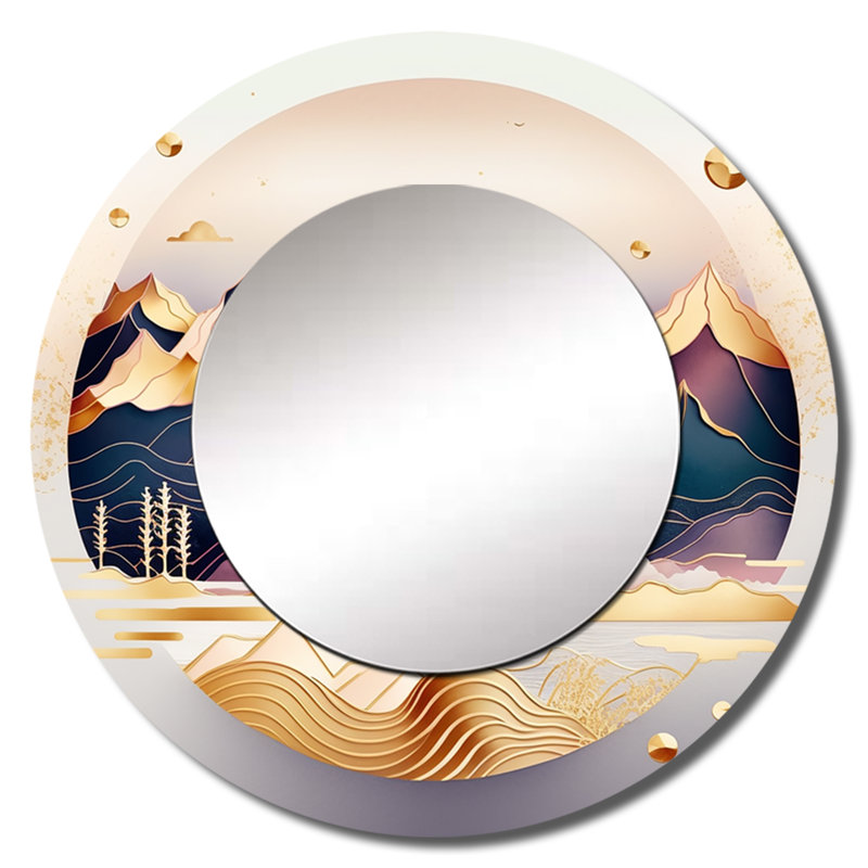 Shontrice Dreamy Golden Mountain V - miroir mural en marbre, miroir décoratif rond doré, impression d'art en métal