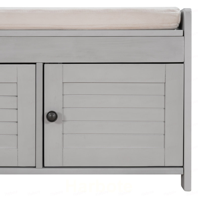 Banc de rangement avec 3 portes en forme de volet, banc à chaussures avec coussin amovible et espace de rangement caché