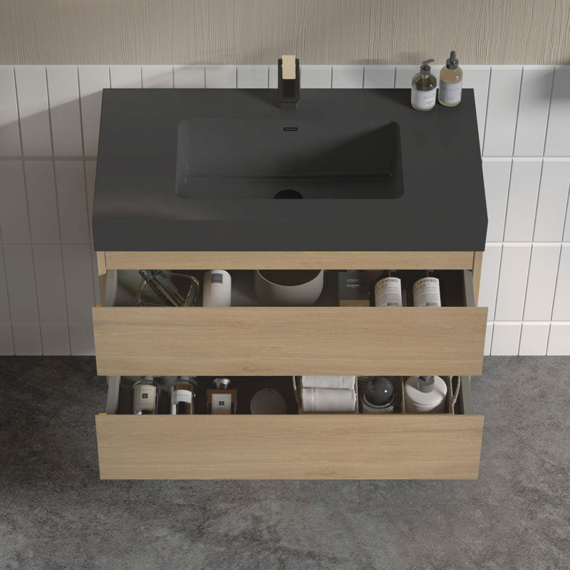 Meuble-lavabo simple 36 po avec surface solide et trop-plein, 36 po, pré-assemblé, Beige, Noir mat, 36"