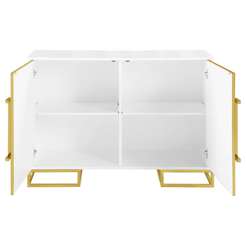 White Freestanding 2-door Cabinet With Gold Trim And 3 - 4 Storage Compartments Art Accent 2 Doors, Trim, Adjustable Shelves