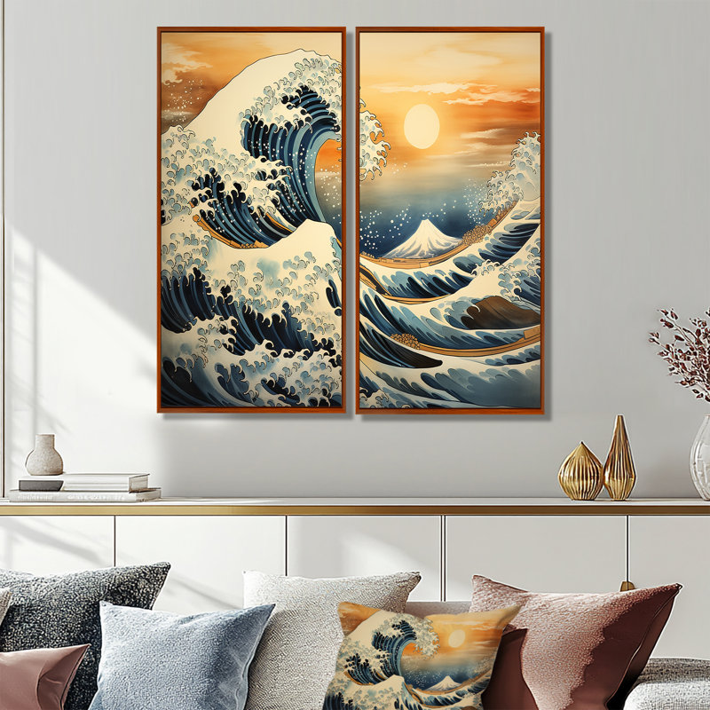 Art mural sur toile surdimensionné, chef-d'œuvre «The Gold Great Wave», 32" H x 32" W, Impression encadrée flottante, Brown