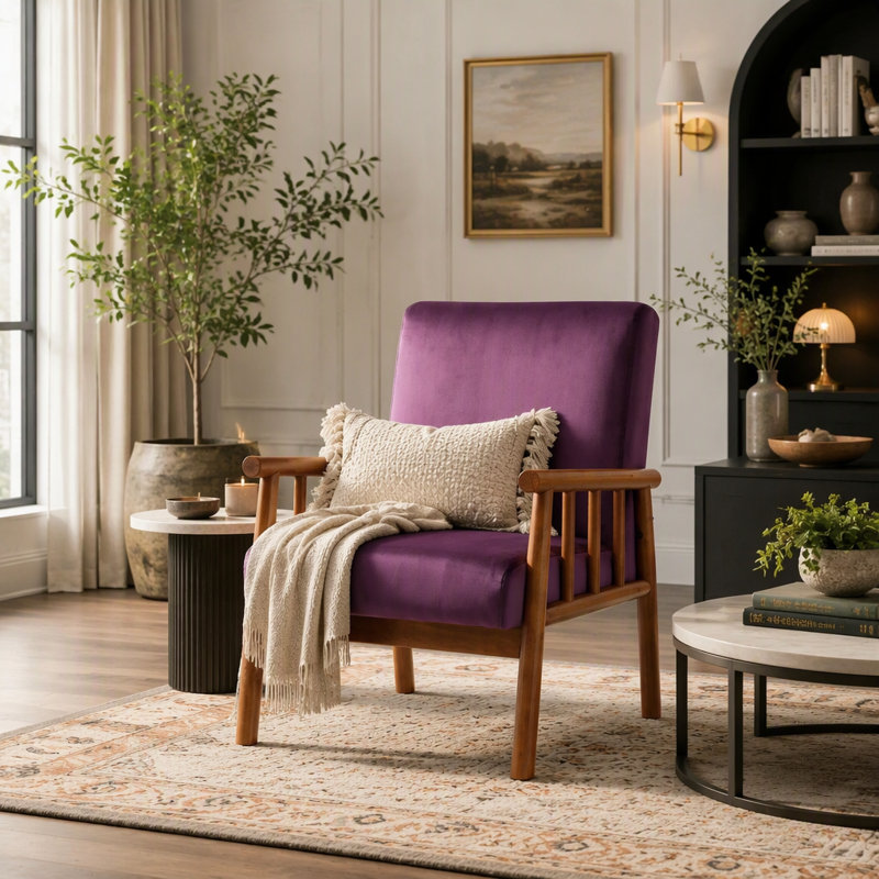 Fauteuil de style moderne Mid-Century de 25 po de large avec coussin rembourré épais et velours tacheté, aubergine