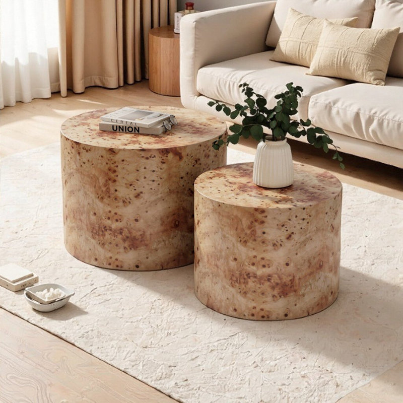 Modern Round Nesting Coffee Table Set of 2 - Farmhouse Wooden Drum Accent Tables for Small Spaces, Natural Wood