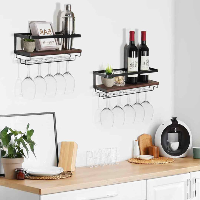 Support mural pour bouteilles de vin et verres Tayba - brun / noir
