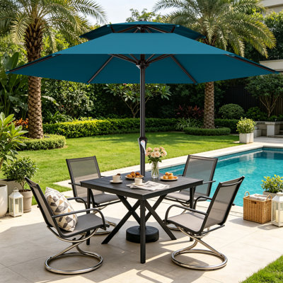 Parasol de patio à 2 niveaux en acier de 11 pi avec système de levage à manivelle et 6 parasols de table résistants et imperméables parfaits pour la piscine, la terrasse, la plage et le restaurant extérieur, bleu lac