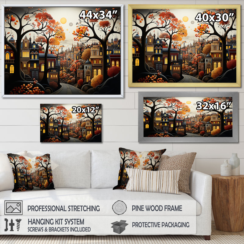 Cozy village in Autumn Moonlit I - Art mural art déco urbain, Toile tendue, H 30 po x l 40 po x P 1,5 po