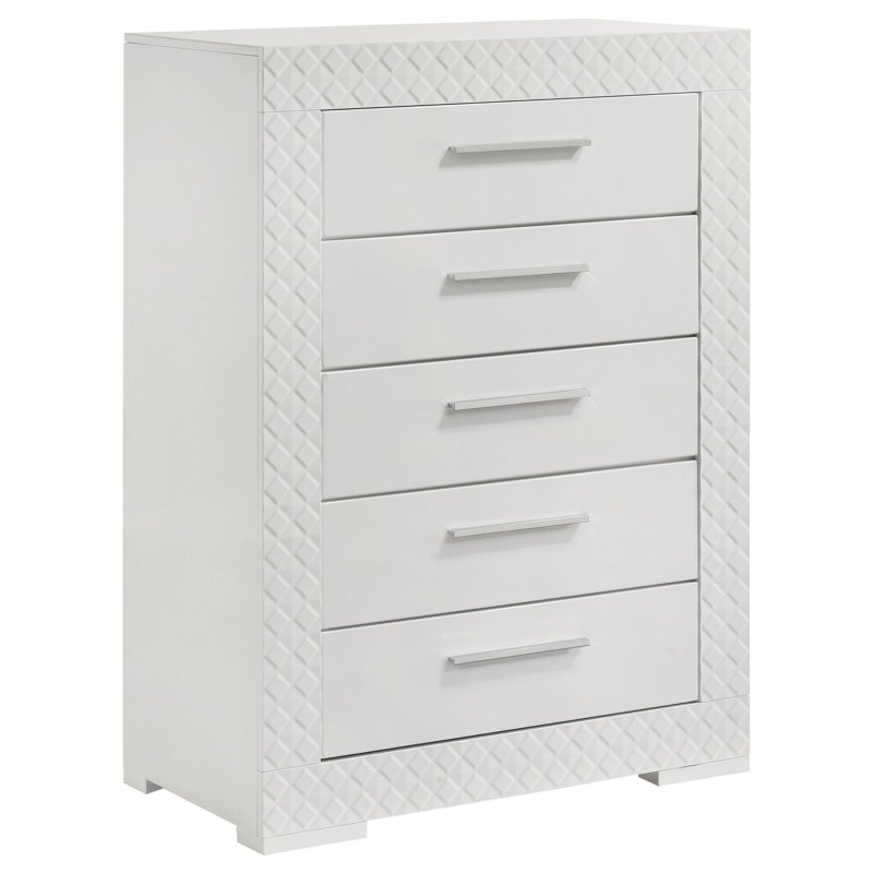 Ivon Tall Dresser Chest, 5 Drawers, Modern Glossy Solid Hardwood, White