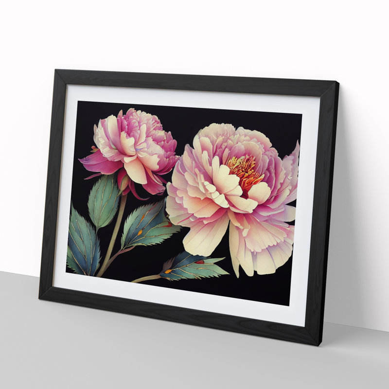 Watercolour Peony Flowers Vol.1 - Single Picture Frame Painting, 46cm H x 64cm W x 2cm D, Black