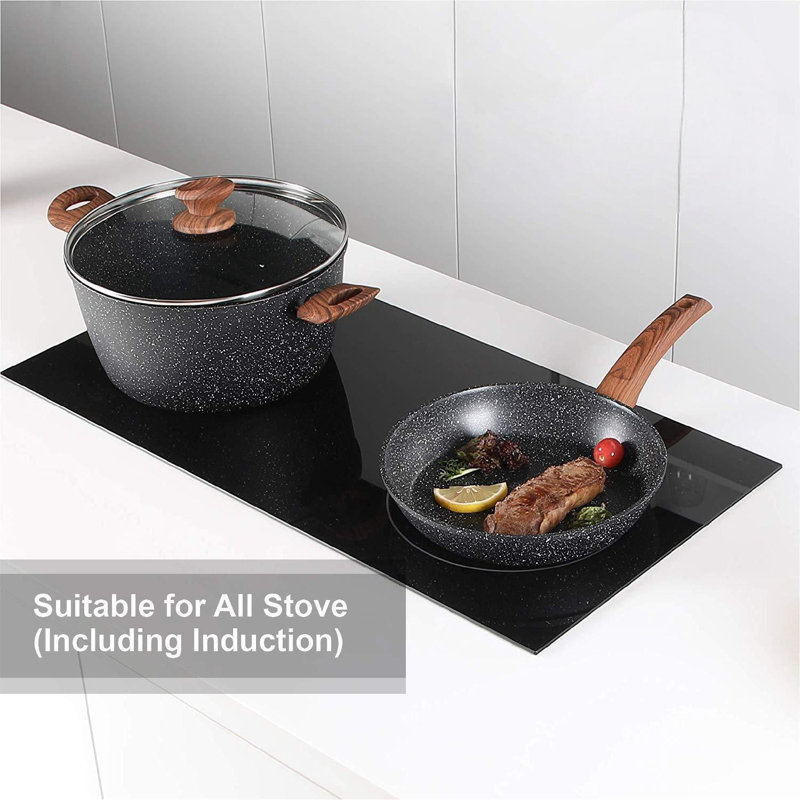 Granite Black 12-Piece Nonstick Induction Cookware Set with Wood Handles