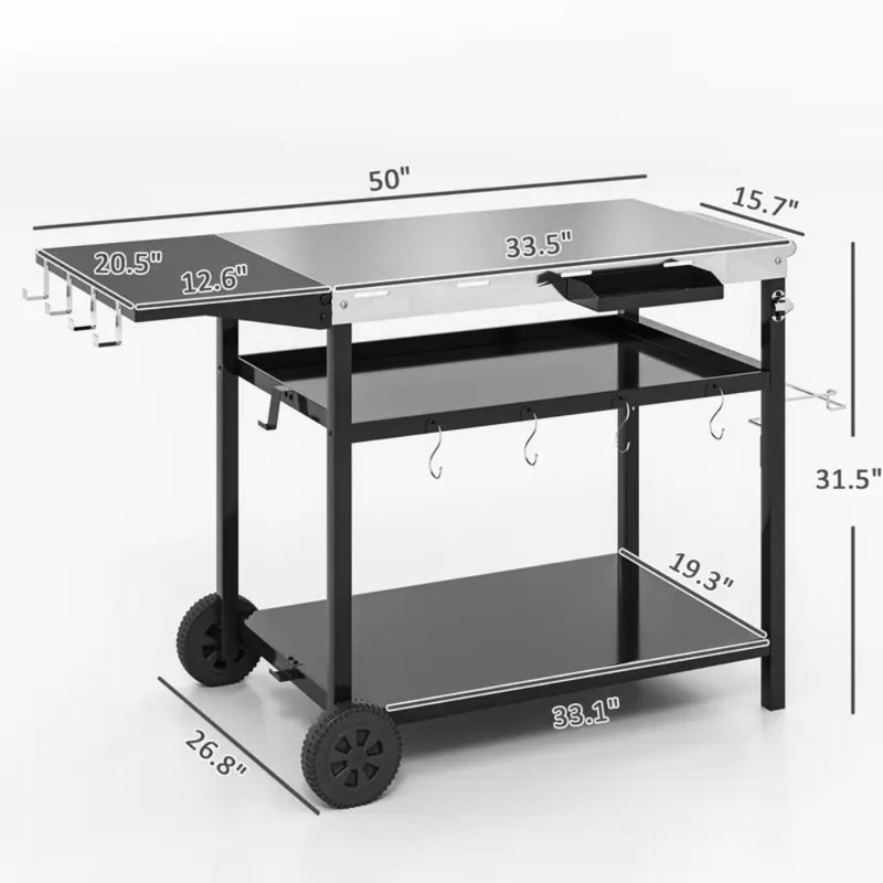 Chariot de gril d'extérieur avec plateau en acier inoxydable, table de gril mobile à trois tablettes avec roulettes, support de four à pizza extérieur servant de chariot de bar, table de préparation avec rangement, crochets pour patio, cour arrière