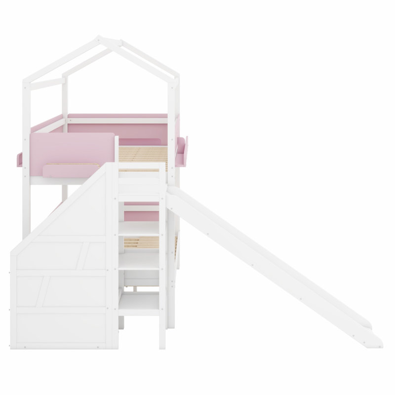 Lit superposé de style maisonnette avec glissade, escalier de rangement et garde-corps de sécurité, Blanc + rose