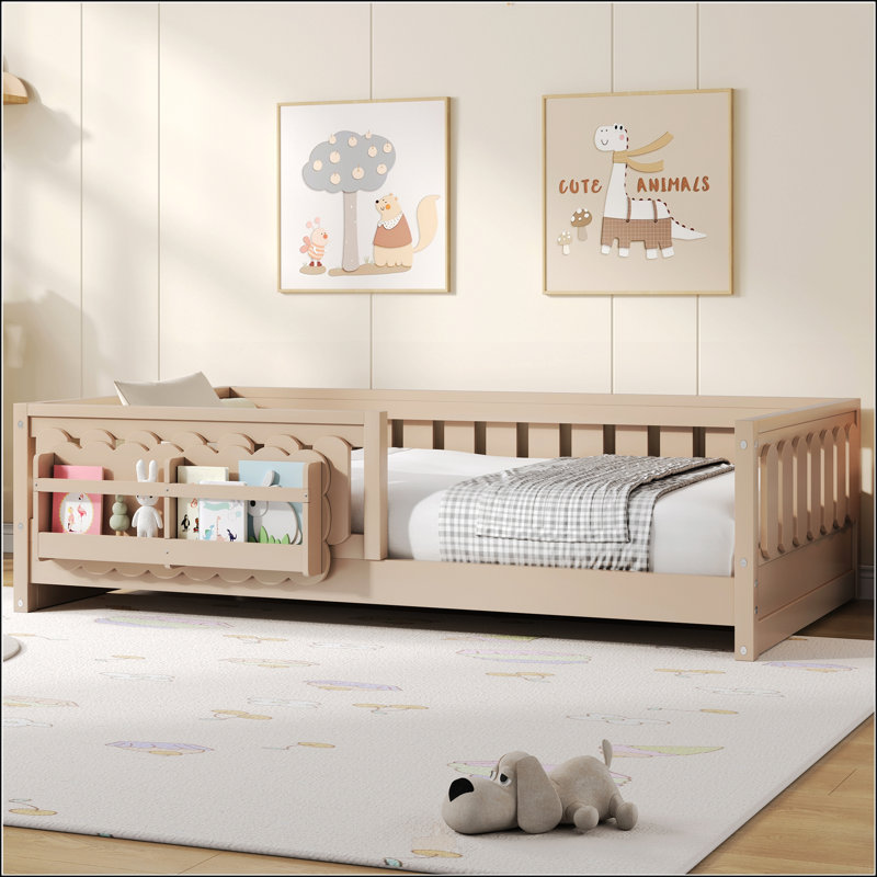 Lit plateforme simple en bois avec garde-corps, tablettes de rangement et construction en pin robuste pour les enfants