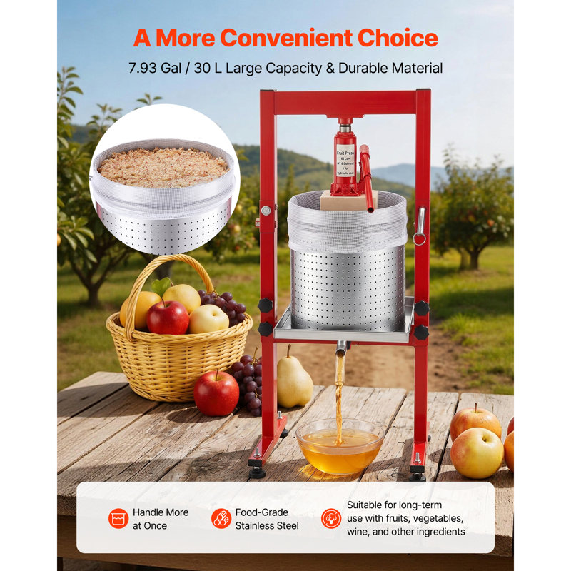 Presse-vin hydraulique à fruits, 7,93 gallons / 30 L, presse-agrumes manuel en acier inoxydable, broyeur à cidre de pomme et de raisin, presse à fromage / teinture / à base de plantes, avec 2 sacs-filtres, pour la cuisine