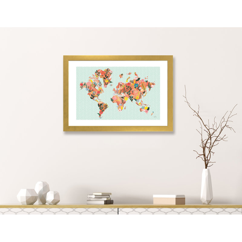 «Wild Garden World» par Laura Marshall - impression d'art graphique, H 16 po x l 24 po x P 1 po, Papier encadré doré, Blanc