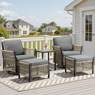 Ensemble de patio d'extérieur 5 pièces, ensemble de chaises pivotantes en rotin toutes saisons avec coussins amovibles, 2 repose-pieds et une table d'appoint, ensemble de conversation extérieur pour patio, porche, cour arrière