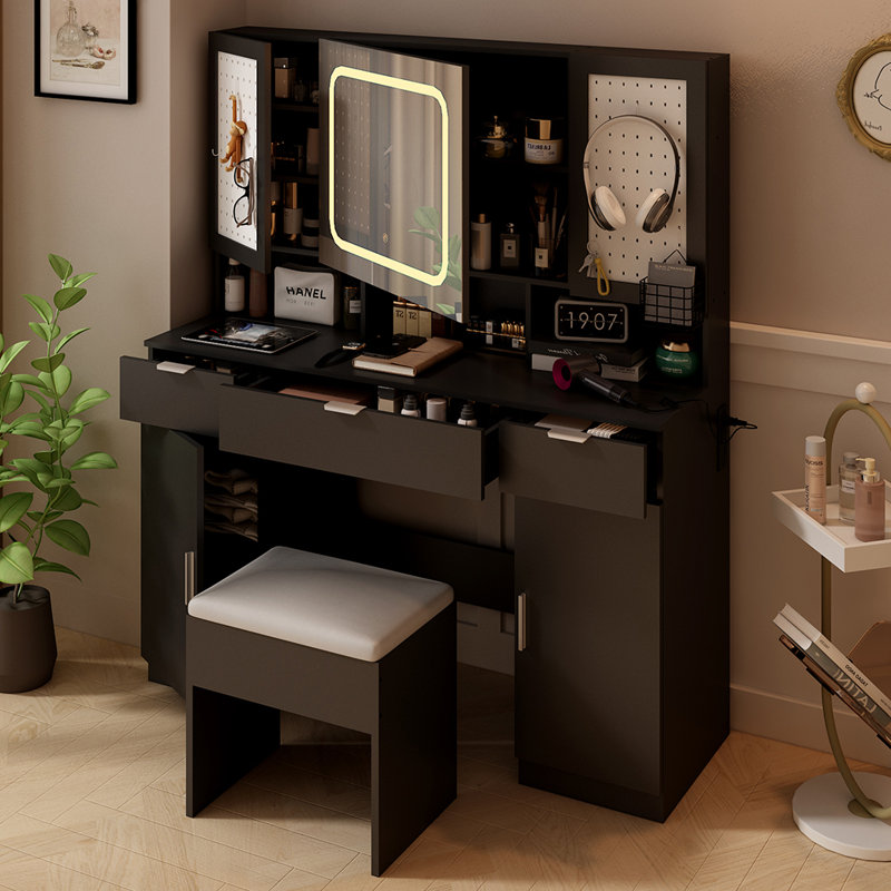 Grand ensemble de coiffeuse avec miroir lumineux à DEL, Noir, noir, noir, noir, Argent argent
