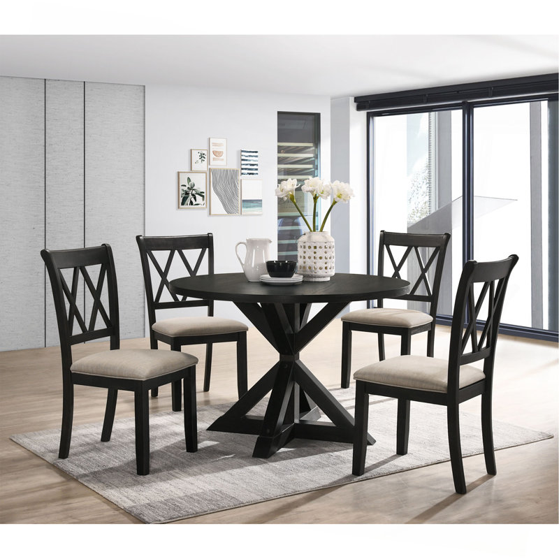 Indvale Cross-Buck Wood 5-Piece Dining Set In Black, Noir