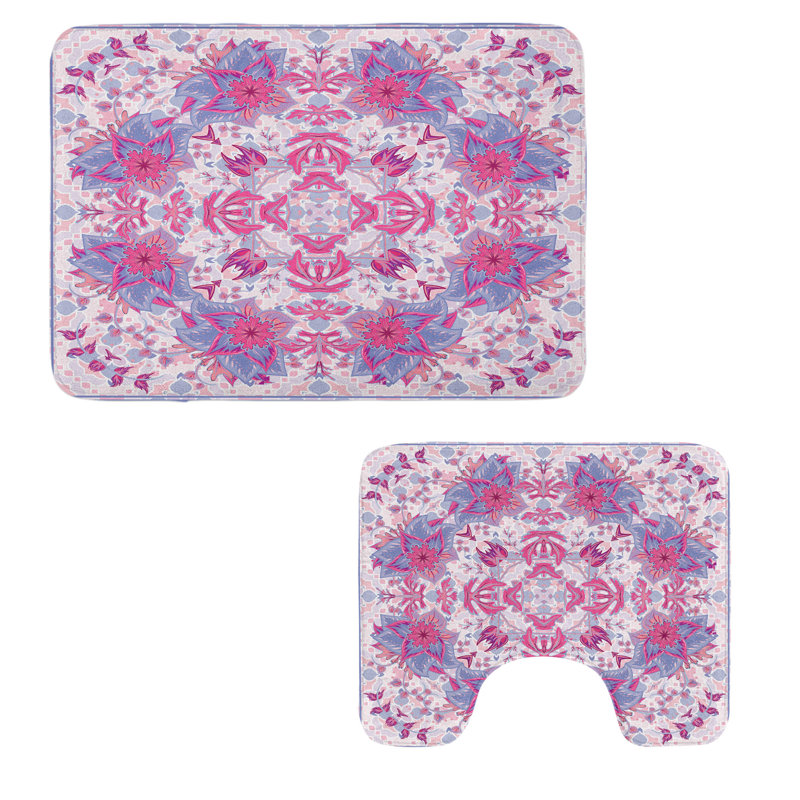 Mauve Bathroom Rug Set 2 Pieces Rectangle & Contour Mats Pale Blue Pink