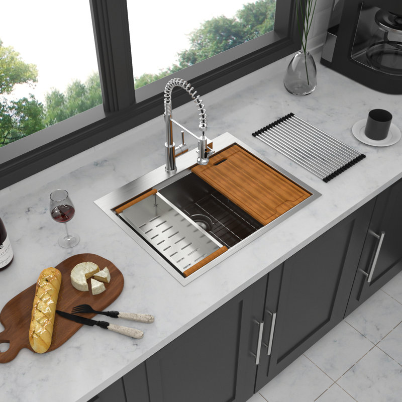 16 Gauge Stainless Steel Sink - 28"X22" Drop-In Workstation Structure Sound Insulation Pad 28" Flexible Option Smooth Drainage System